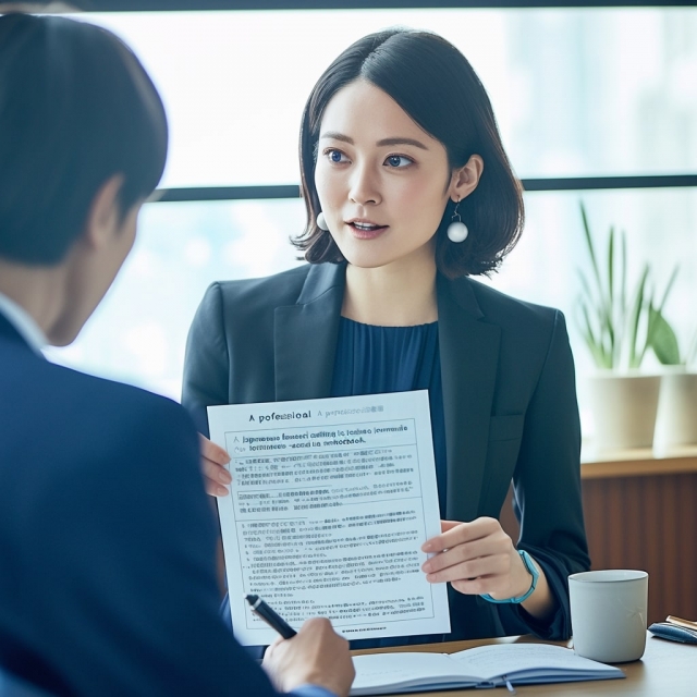 会社案内パンフレットの内容を説明する営業担当者