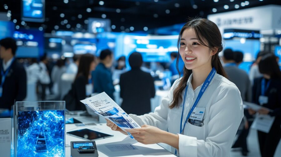 来場者へ資料を渡しながら説明する場面として使用します。