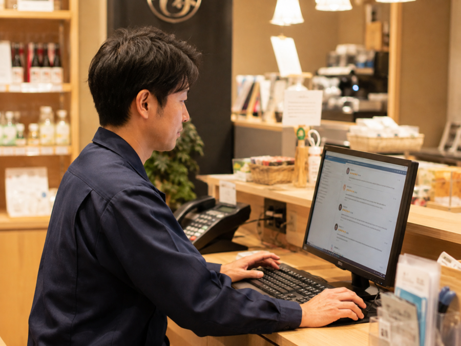 店舗カウンターでGoogleの口コミに返信するスタッフ