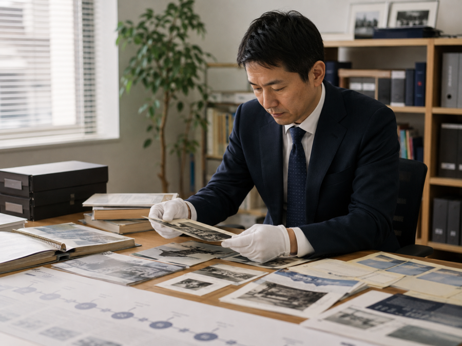 企業の昔の写真や資料を年代順に整理する周年記念担当者