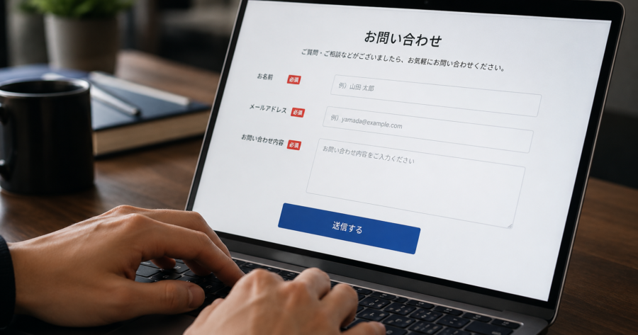 パソコン画面で問い合わせフォームを入力する手元