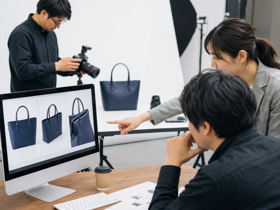 商品の正面や斜めなど複数の構図を確認する撮影現場