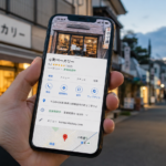 Googleマップで地域の店舗を探すスマートフォンと街並み