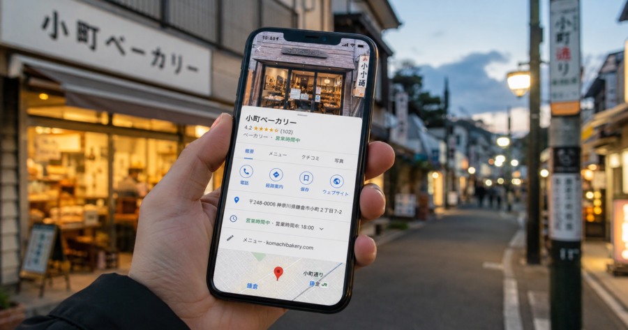 Googleマップで地域の店舗を探すスマートフォンと街並み