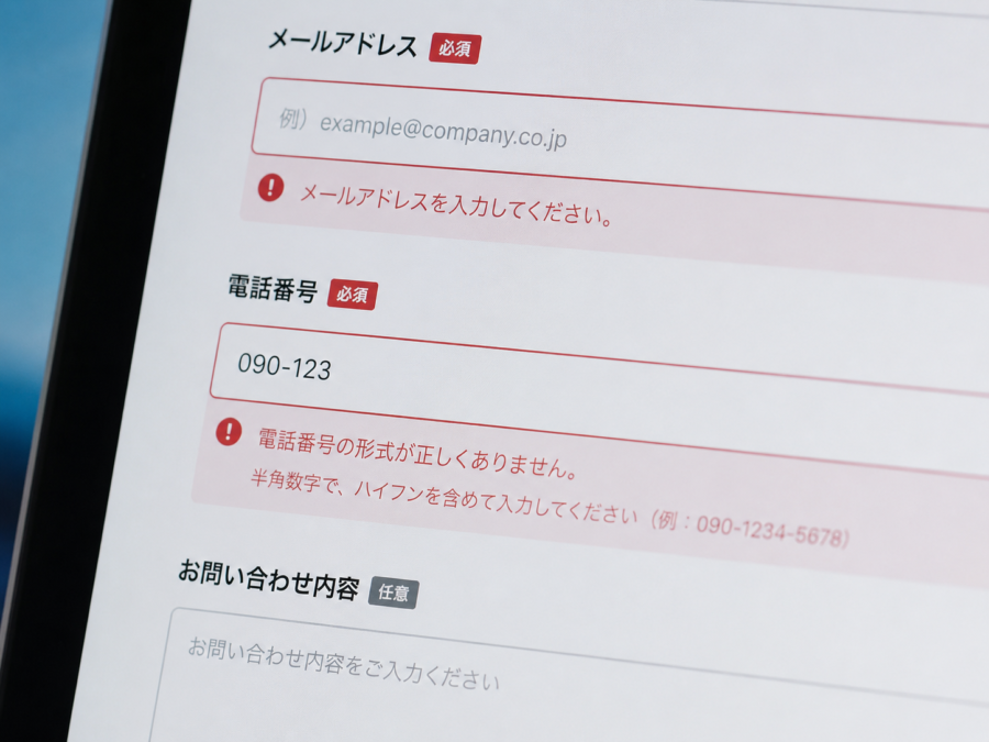 問い合わせフォームの入力エラーを確認して修正する画面