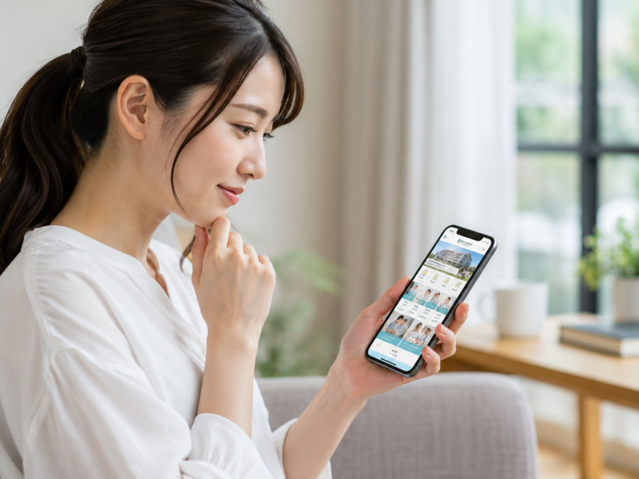 スマートフォンでクリニックの診療内容と受診方法を確認する患者