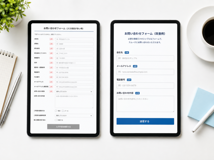 長い問い合わせフォームと短く整理したフォームを比較するイメージ