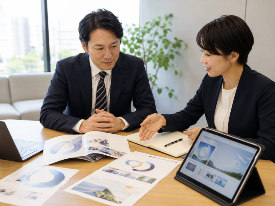 周年記念パンフレットやロゴの制作について相談する企業担当者