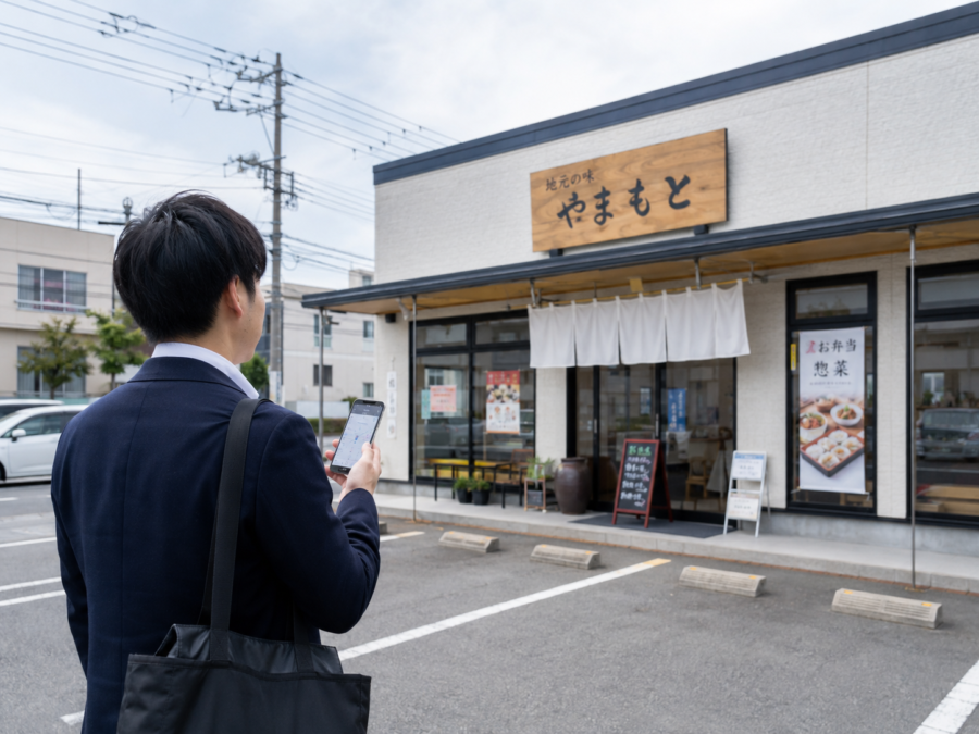 店舗外観とGoogleマップの情報を現地で確認するWeb担当者