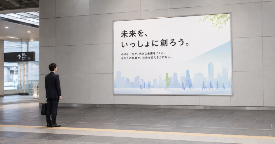 離れた位置からポスターの文字の見え方を確認する担当者