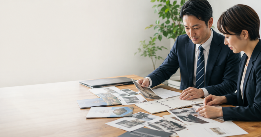企業の周年記念に向けて昔の写真や会社資料を整理する様子