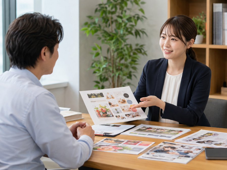 チラシのデザインと印刷について相談する企業担当者