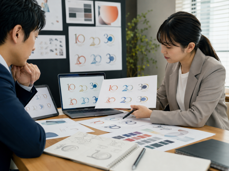 周年ロゴのデザイン案を比較しながら検討する企業担当者