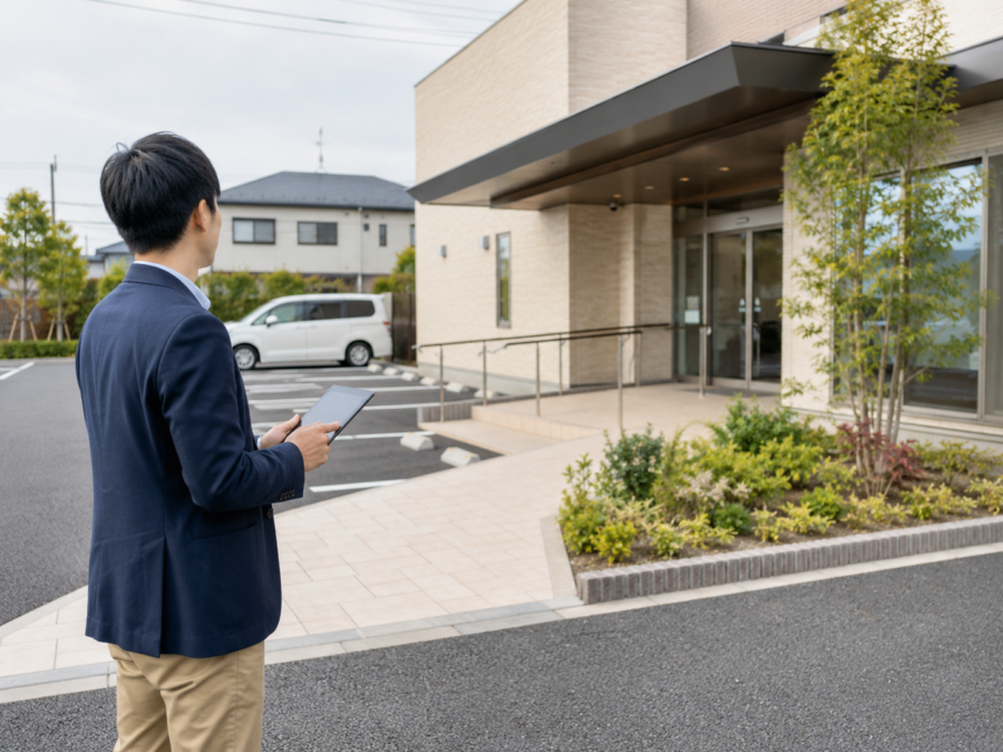 クリニックの駐車場と入口を現地で確認するWeb制作担当者