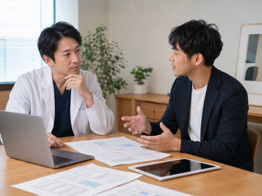 クリニックのホームページ構成を制作会社と相談する医師