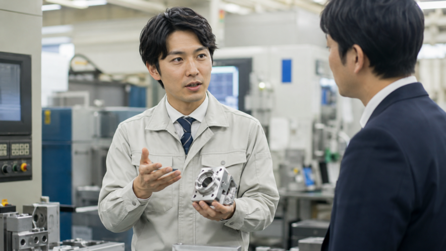 工場で製品と加工技術について説明する製造業の技術者