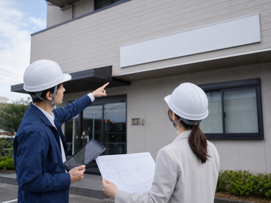 会社看板の設置場所を現地調査する担当者