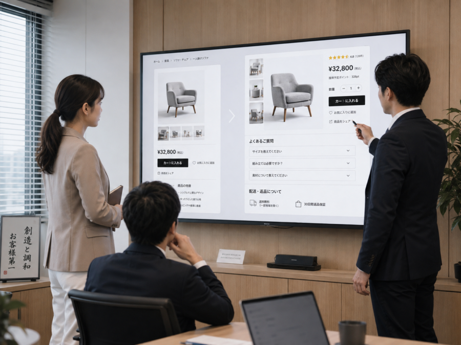 ECサイトの商品ページ改善案を大型モニターで確認する制作チーム