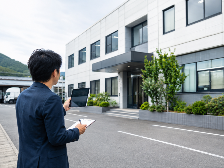 企業の建物や現場を確認しながらホームページ制作の取材を行う担当者