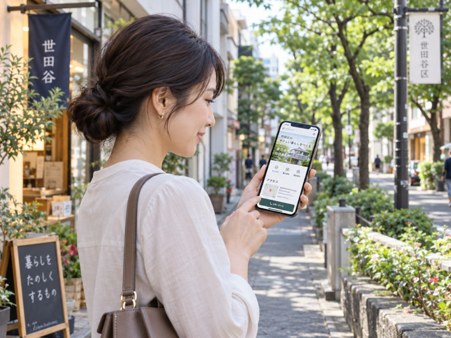 世田谷区の街中でスマートフォンから店舗情報とアクセスを確認する利用者