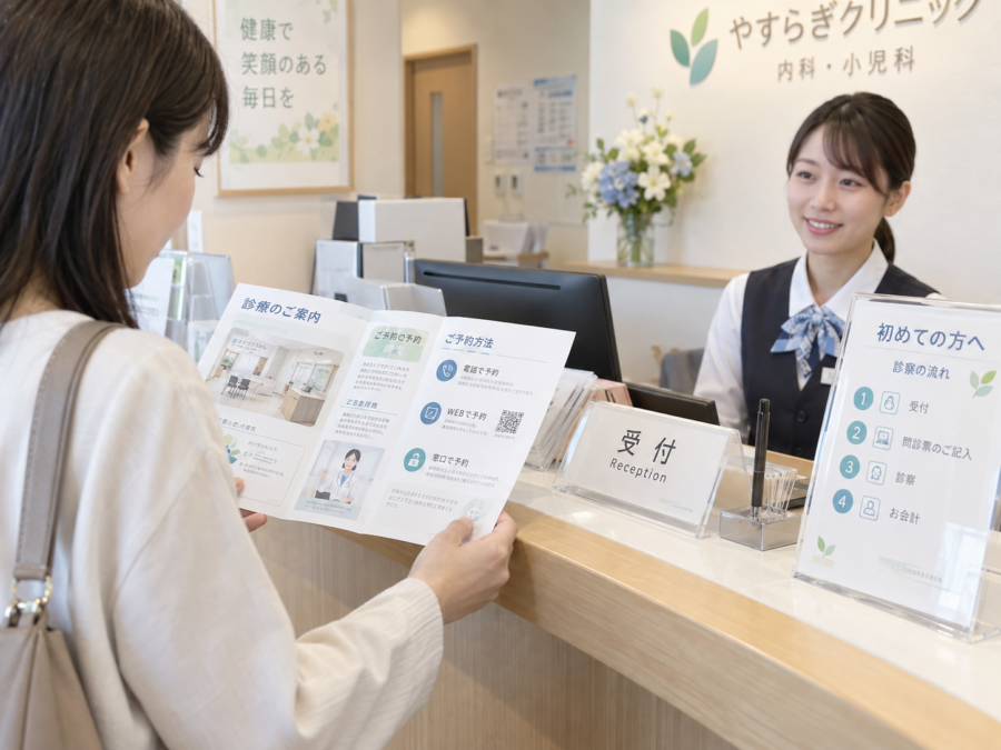 クリニックの受付案内とパンフレットで受診方法を確認する患者