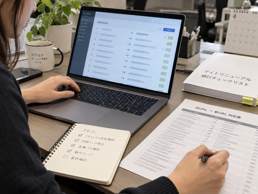 ホームページ移行時のリダイレクト設定を確認するWeb制作担当者の手元