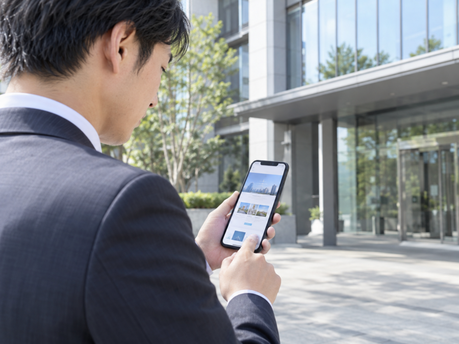 リニューアルした企業ホームページをスマートフォンで確認する担当者
