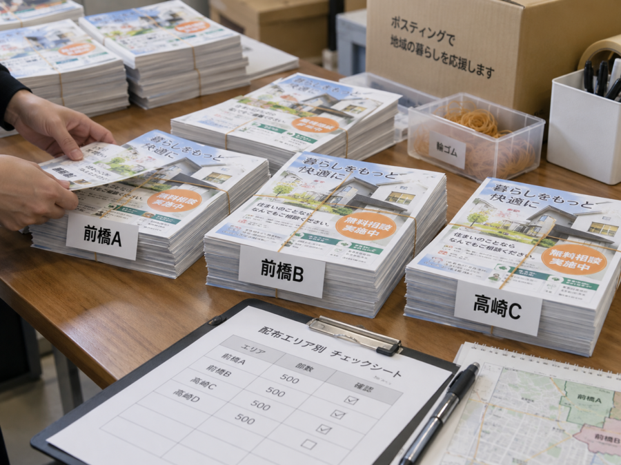配布エリア別にチラシの部数を仕分けするポスティング準備の様子