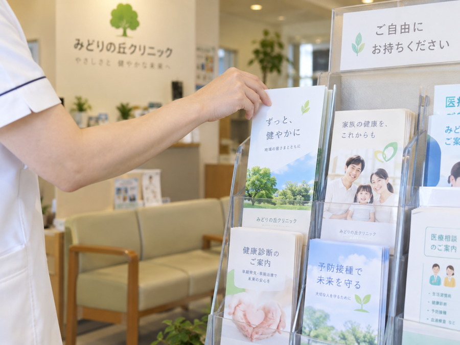完成したクリニック案内パンフレットを待合室に設置する様子