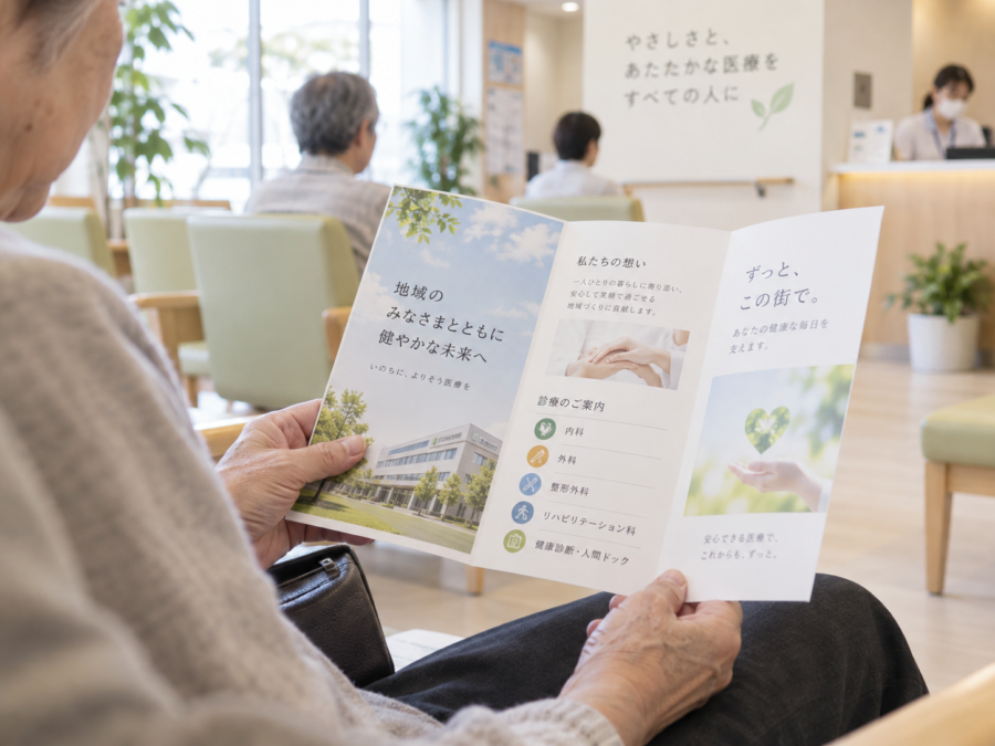 病院・クリニックの案内パンフレットを手に取って確認する患者のイメージ