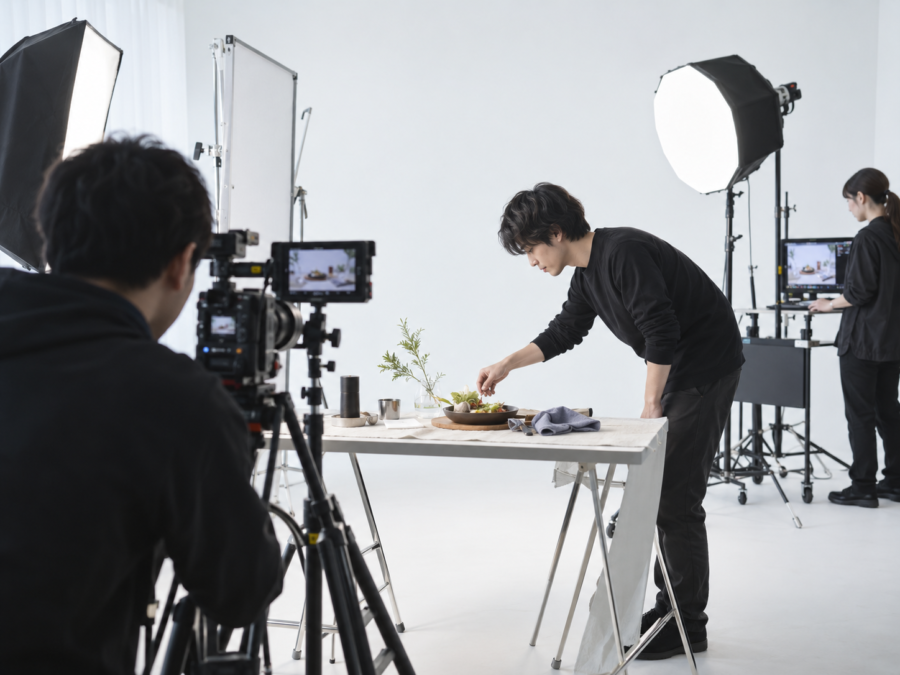 白ホリゾントスタジオで料理や食品の撮影を行う制作スタッフ