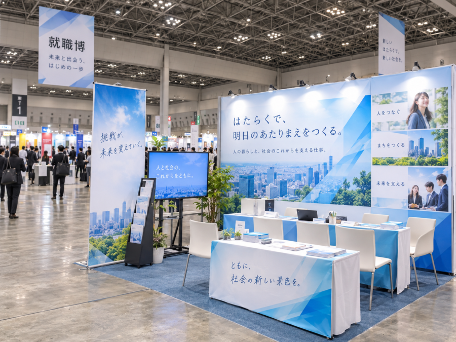 新卒採用向け合同説明会ブース装飾で学生に企業の仕事を伝える会場