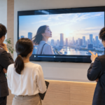 動画制作の初稿を大型画面で確認する企業担当者