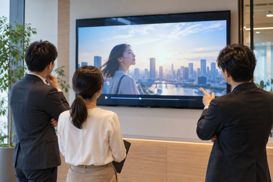 動画制作の初稿を大型画面で確認する企業担当者