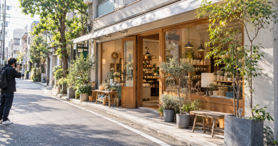 ホームページ用に店舗外観とスタッフを撮影する様子