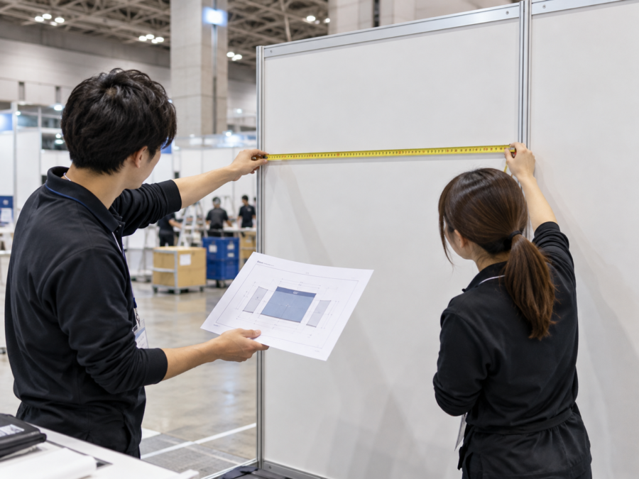 合同説明会ブース装飾のサイズと設置位置を確認する様子