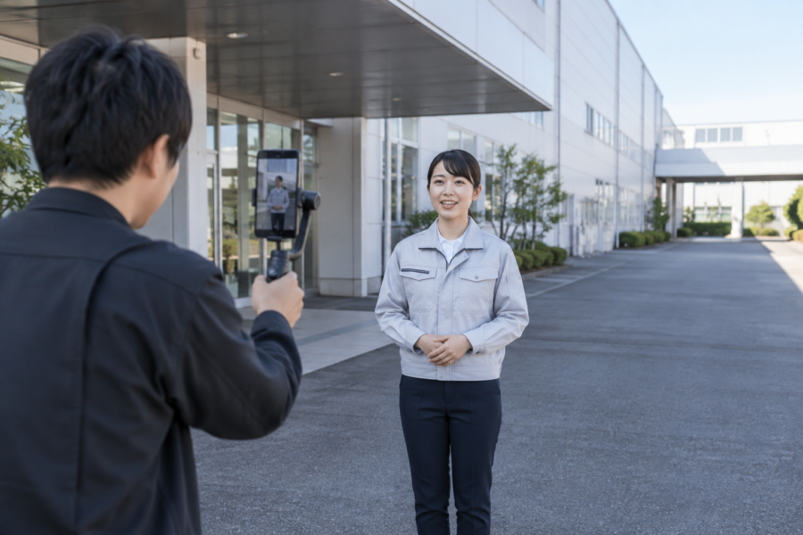 横型と縦型の両方を想定して企業動画を撮影する様子