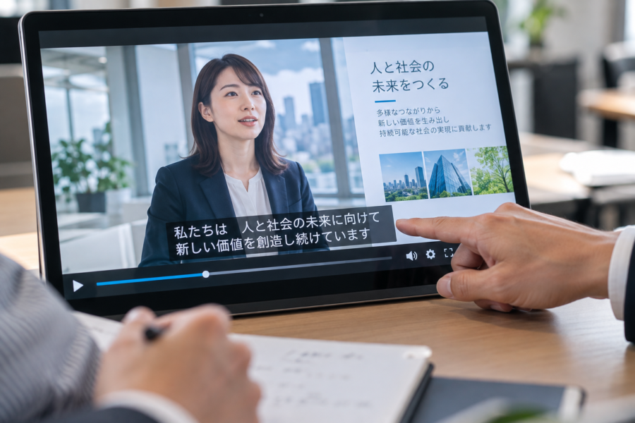 動画のテロップや企業情報を初稿で確認する様子