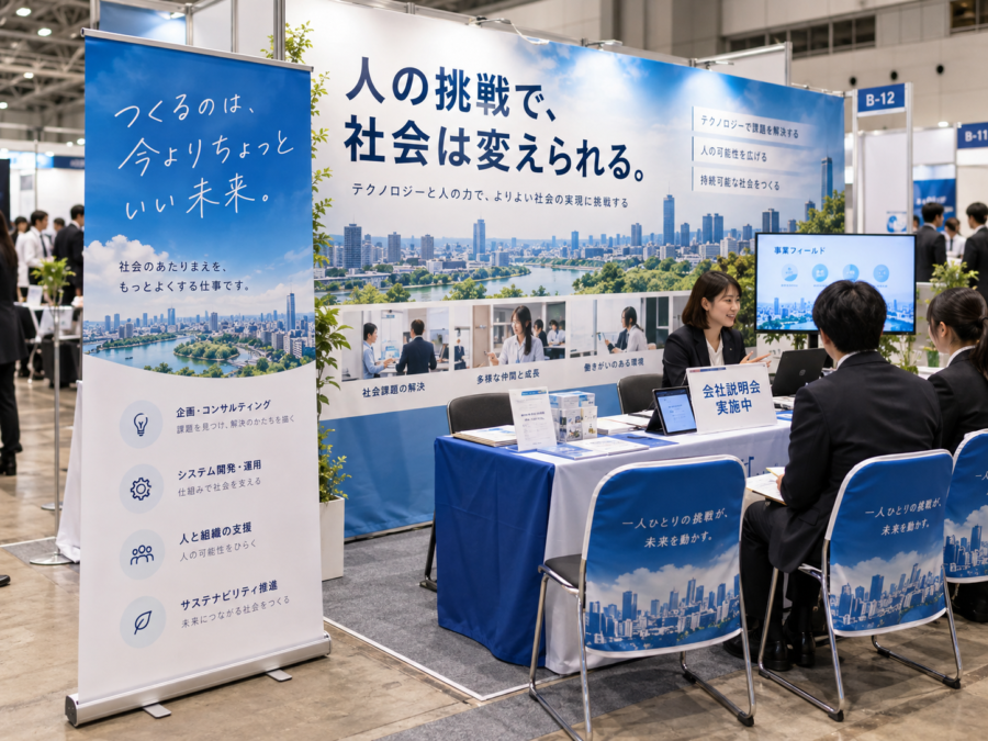 合同説明会で遠くから見える採用ブースのタペストリーとバナー