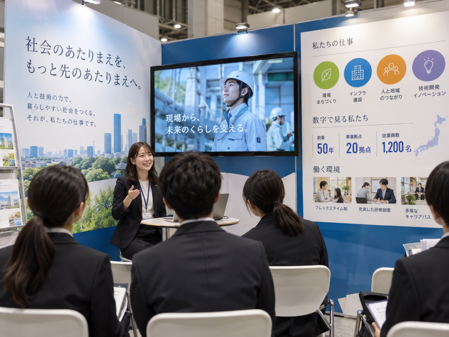 採用ブースで仕事内容を動画と説明資料で紹介する様子