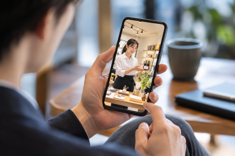 スマートフォンで企業の縦型プロモーション動画を見る様子