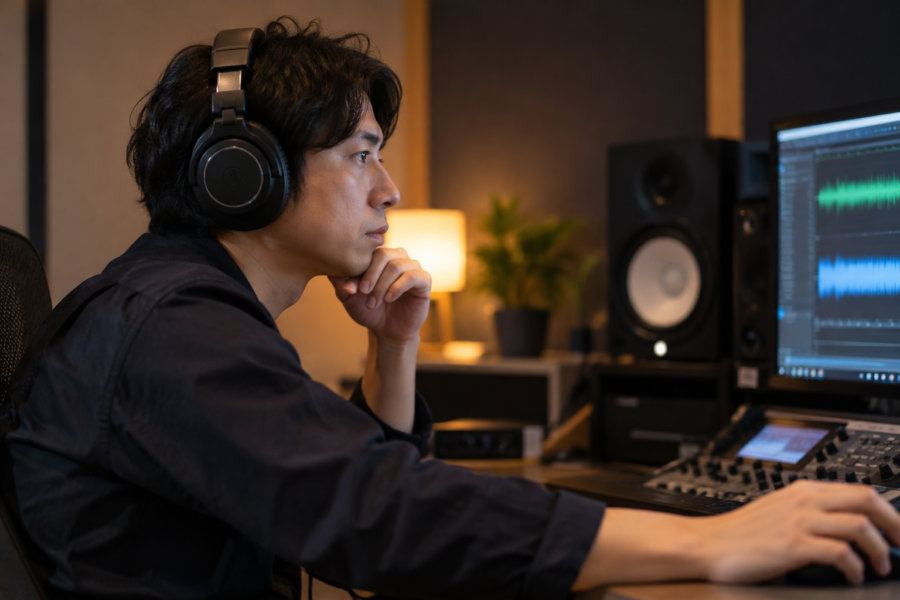 ヘッドホンで企業動画の音声とBGMを確認する様子