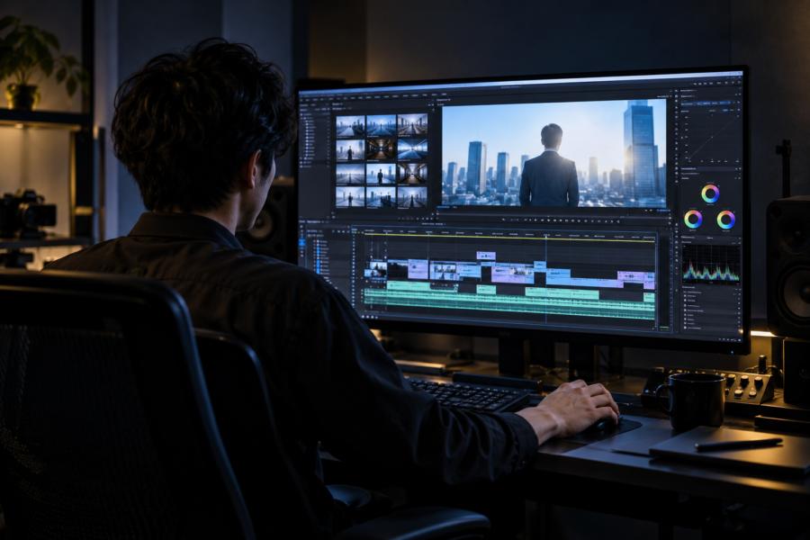 動画編集画面で企業プロモーション映像を仕上げる制作スタッフ