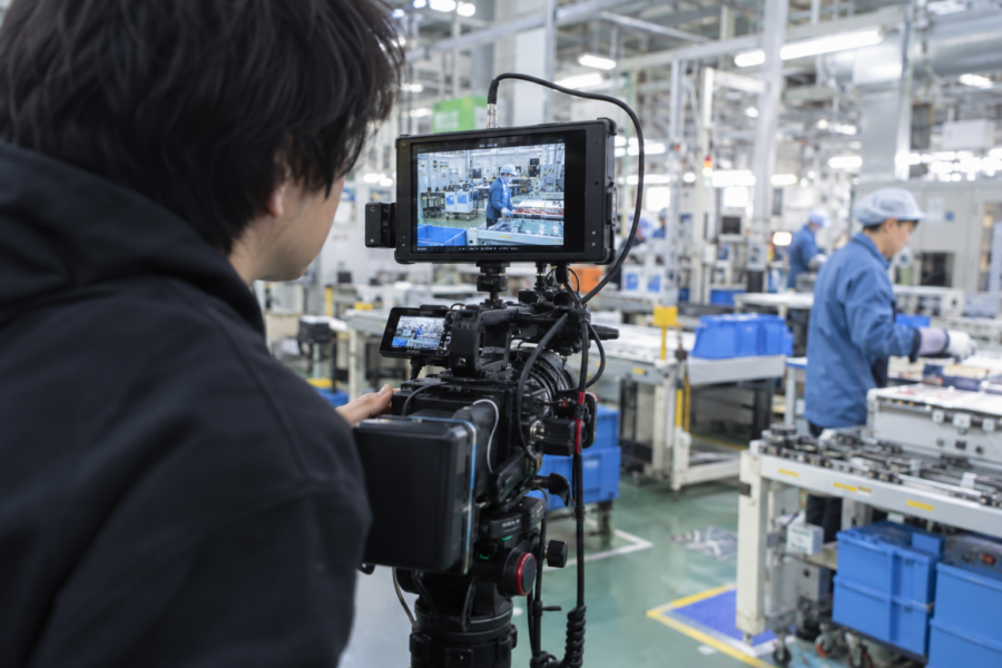 撮影した企業動画を現場でモニター確認する制作スタッフ